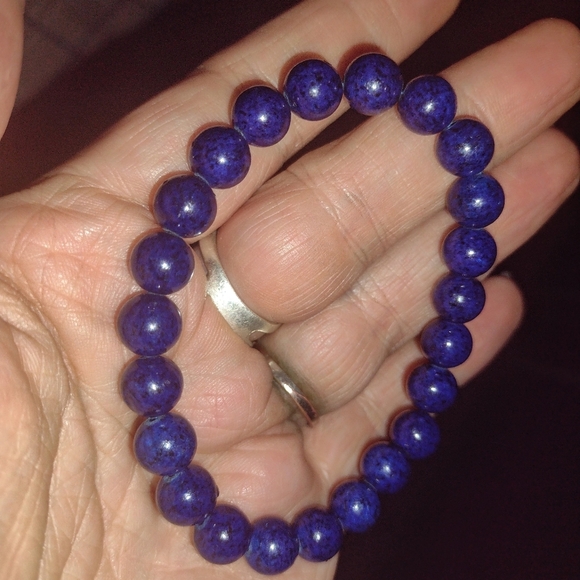 Lapis Lazuli Beaded Stretch Bracelet; Unisex Gemstone Bead Bracelet - Picture 4 of 6